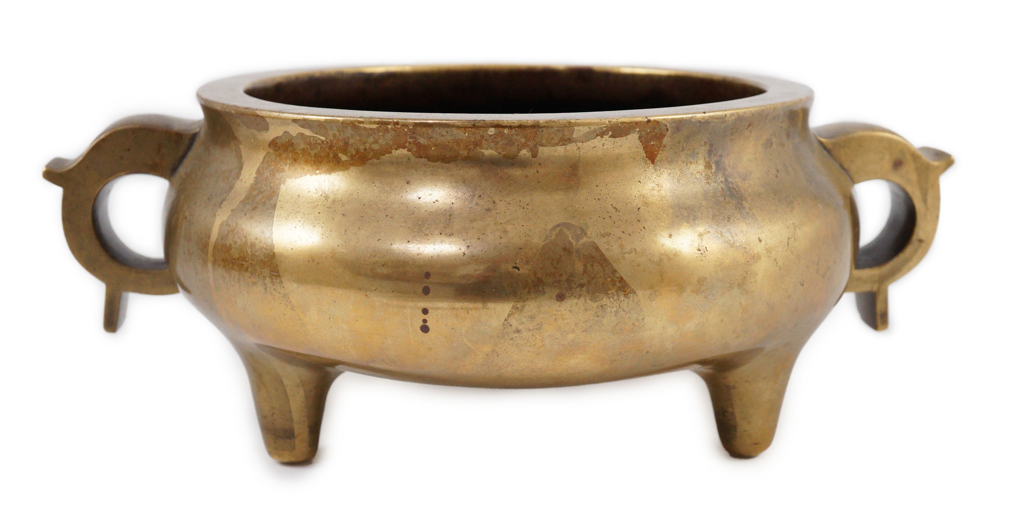 A large Chinese bronze censer, ding, 18th century, with sixteen character Xuande mark, 29cm wide